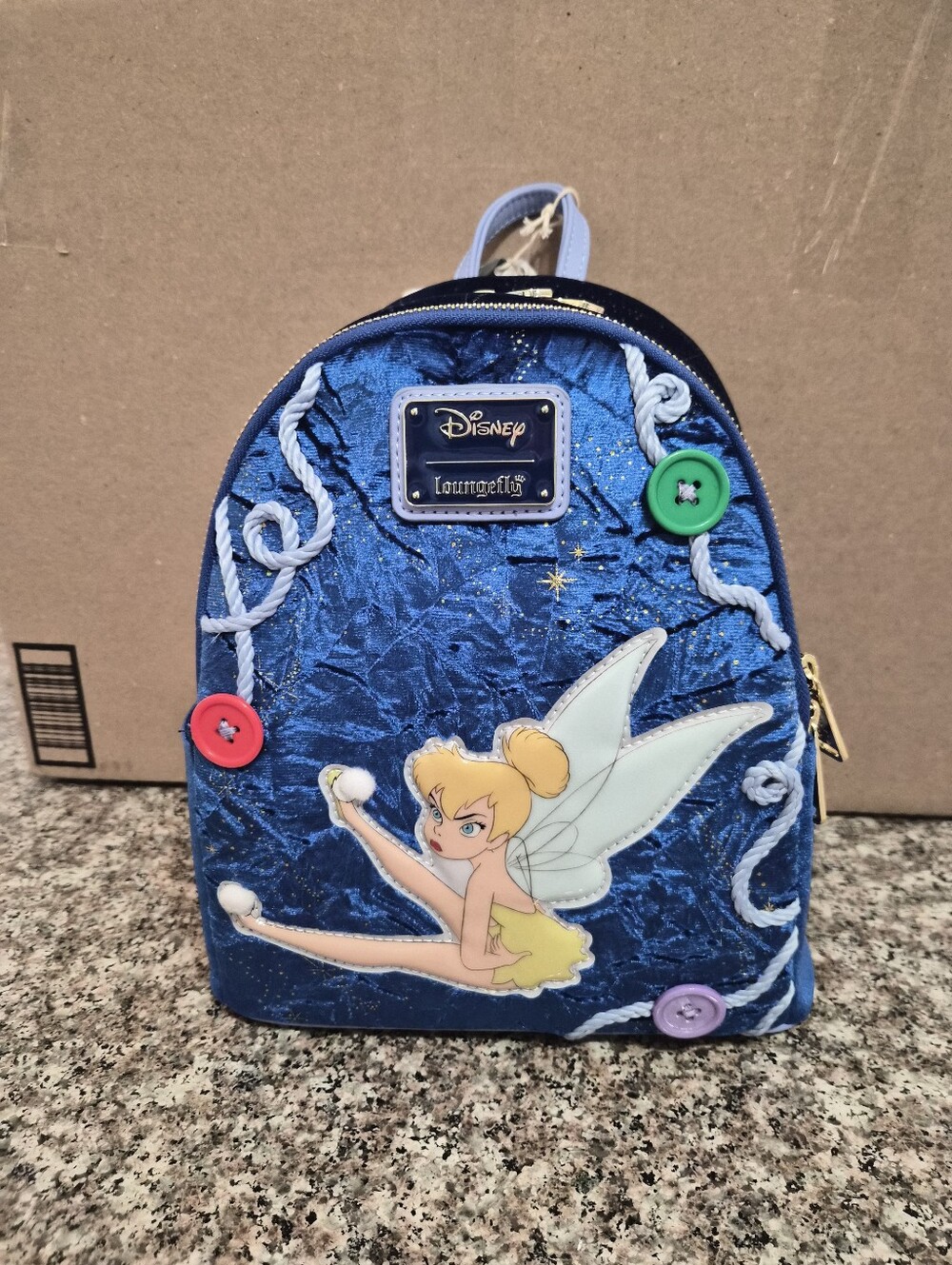 Loungefly Shimmery Blue Tinker Bell Mini Backpack with Colorful Buttons